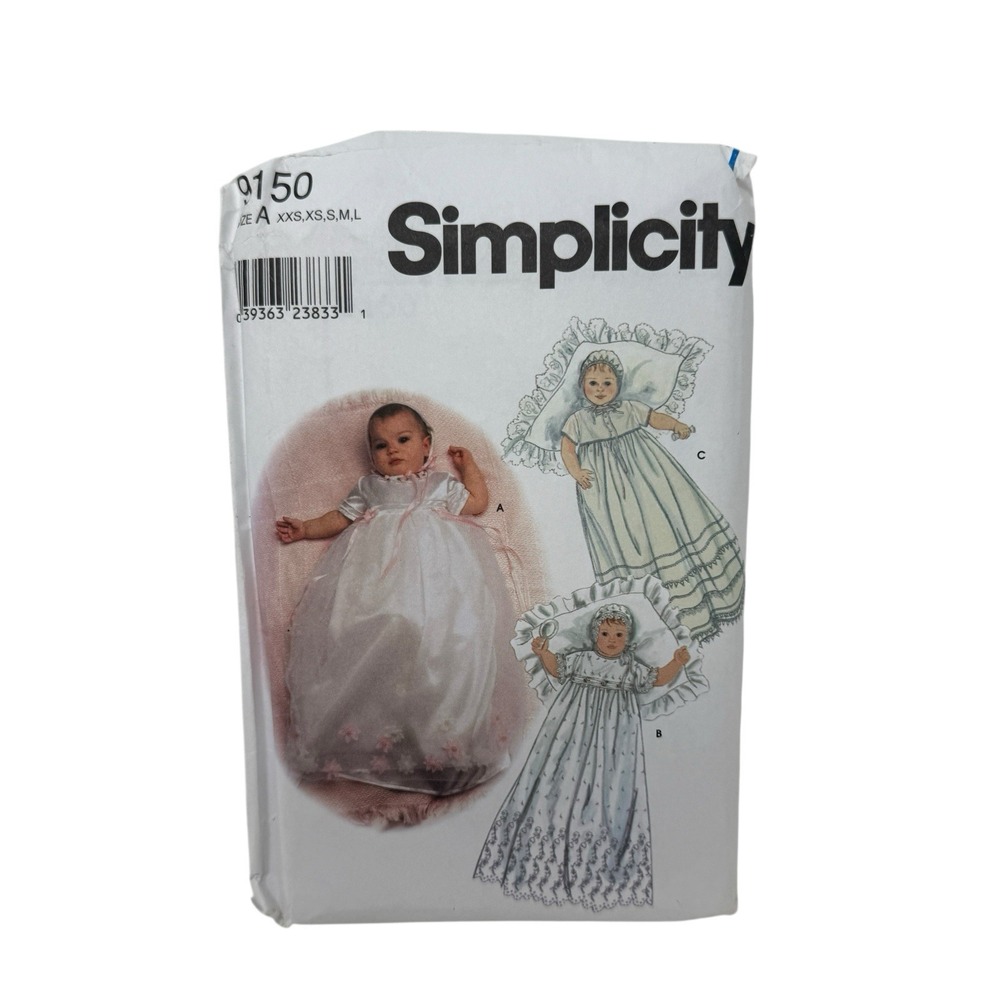 Simplicity Pattern 9150 Size A (XXS-L) Baby Christening Gown Slip‎ Bonnet UnCut